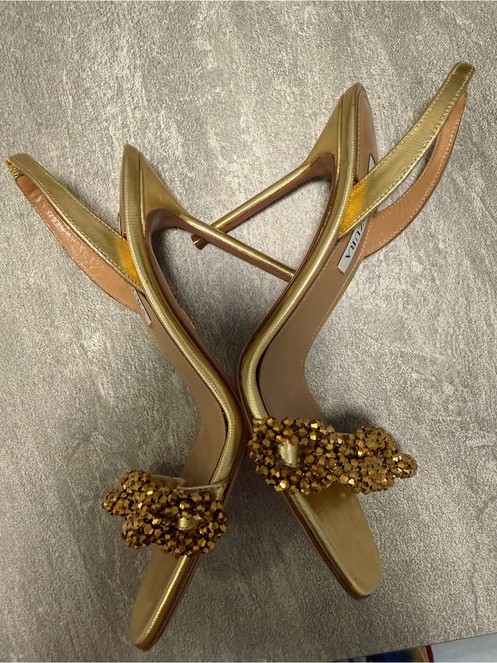 Aquazzura Metallic Gold Crystal-Embellished Slingback Heels - Picture 3 of 10